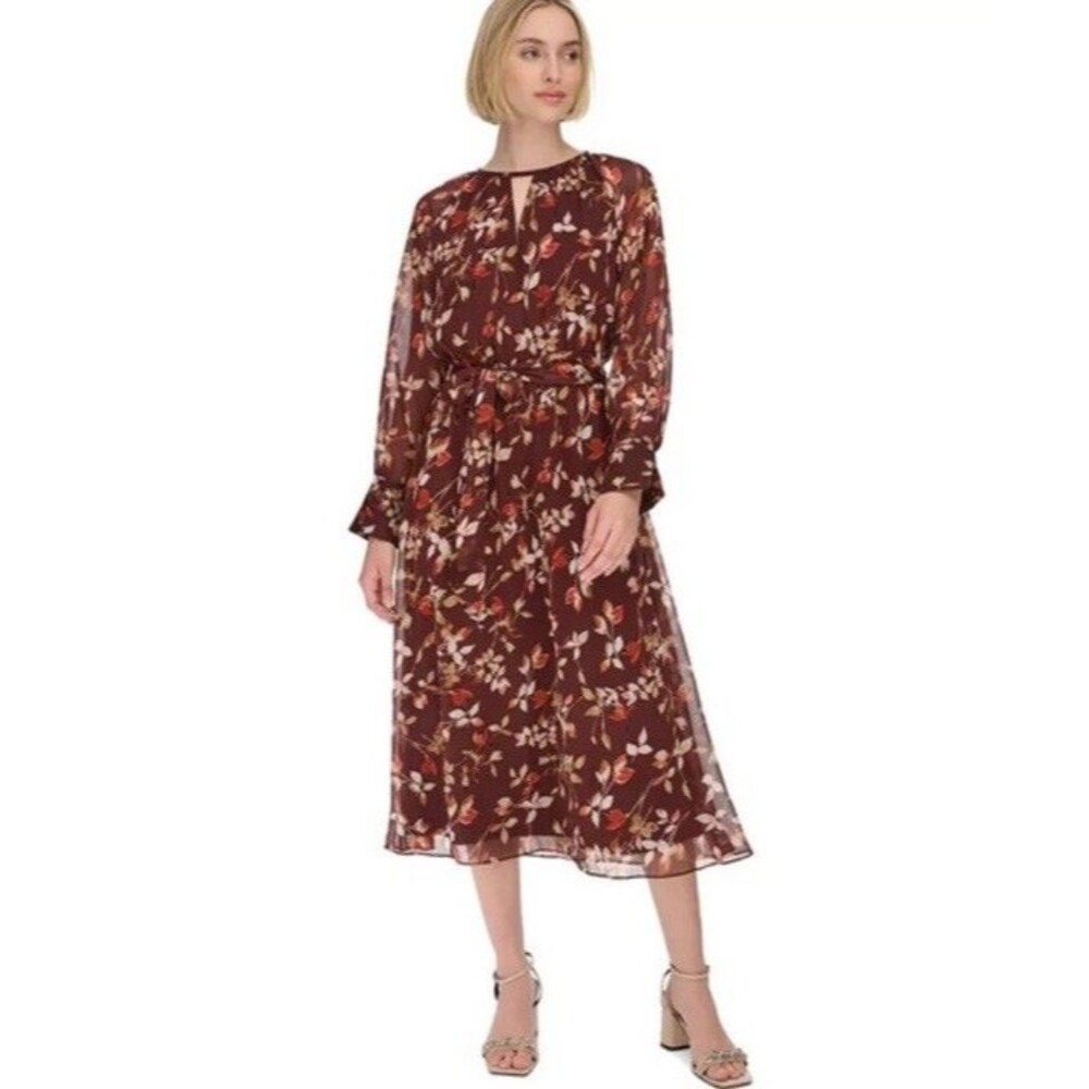 Calvin Klein Printed Round Neck Midi Dress Size 12 Brown Leaf Syrah Midi Dress